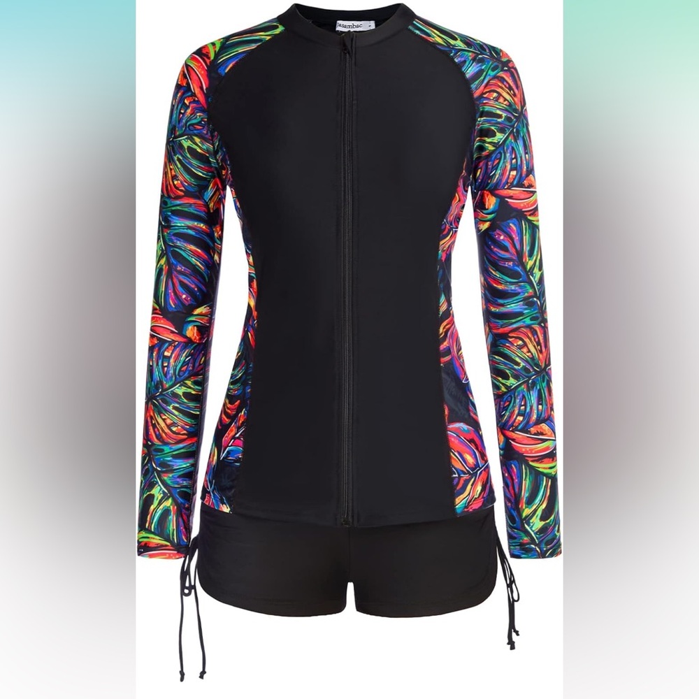 Rash Guard Long Sleeve Zip Up Swimsuits with Boyshort UV UPF 50+ Swim Shirt